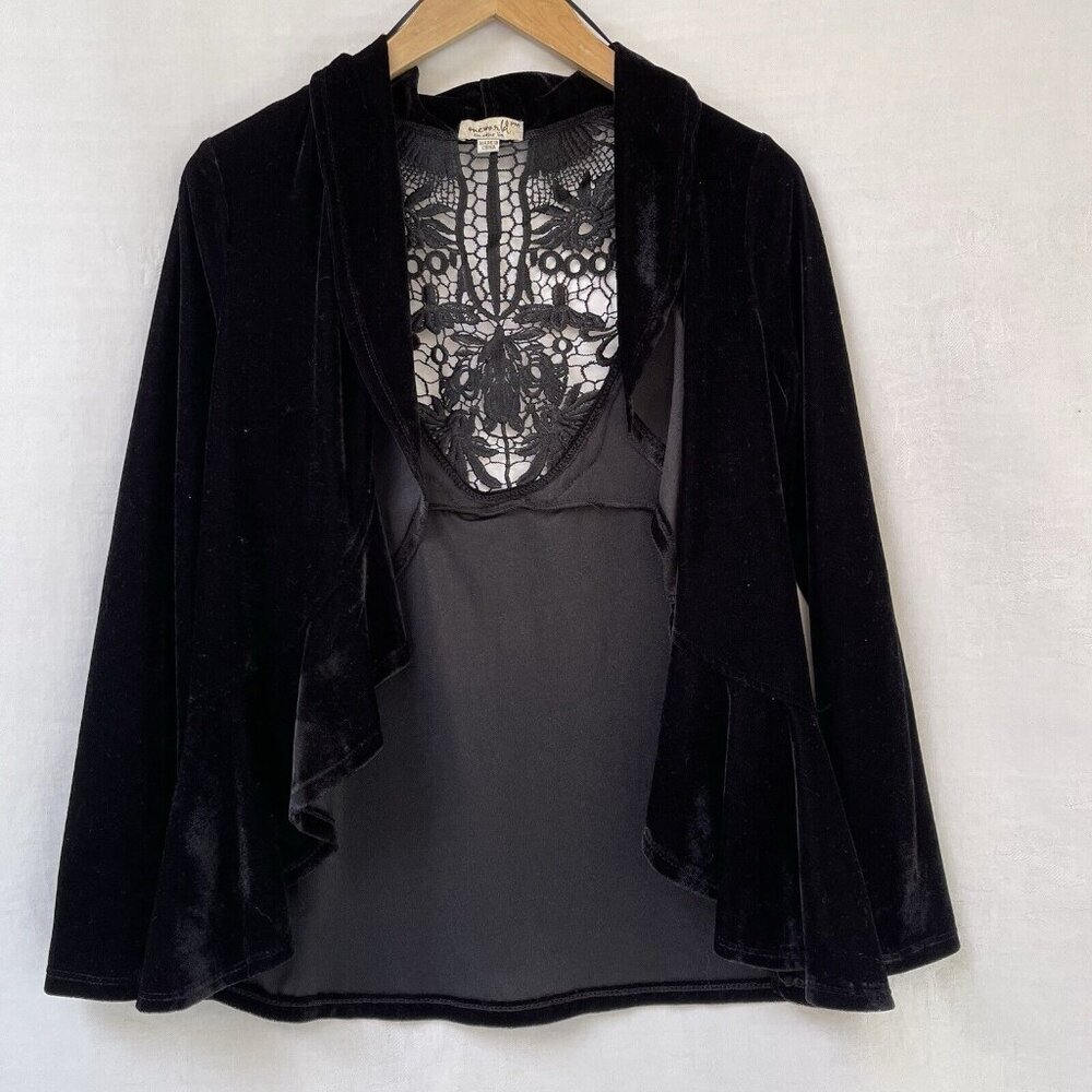 One World Cardigan Womens Medium‎ Black Goth Velvet Lace Embroidered Boho Hippie